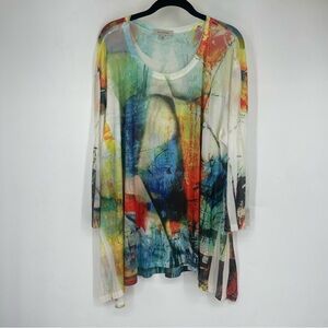 Jess & Jane XL Sheer Art To Wear Lagenlook Tunic Top Blouse Colorful Minimalist